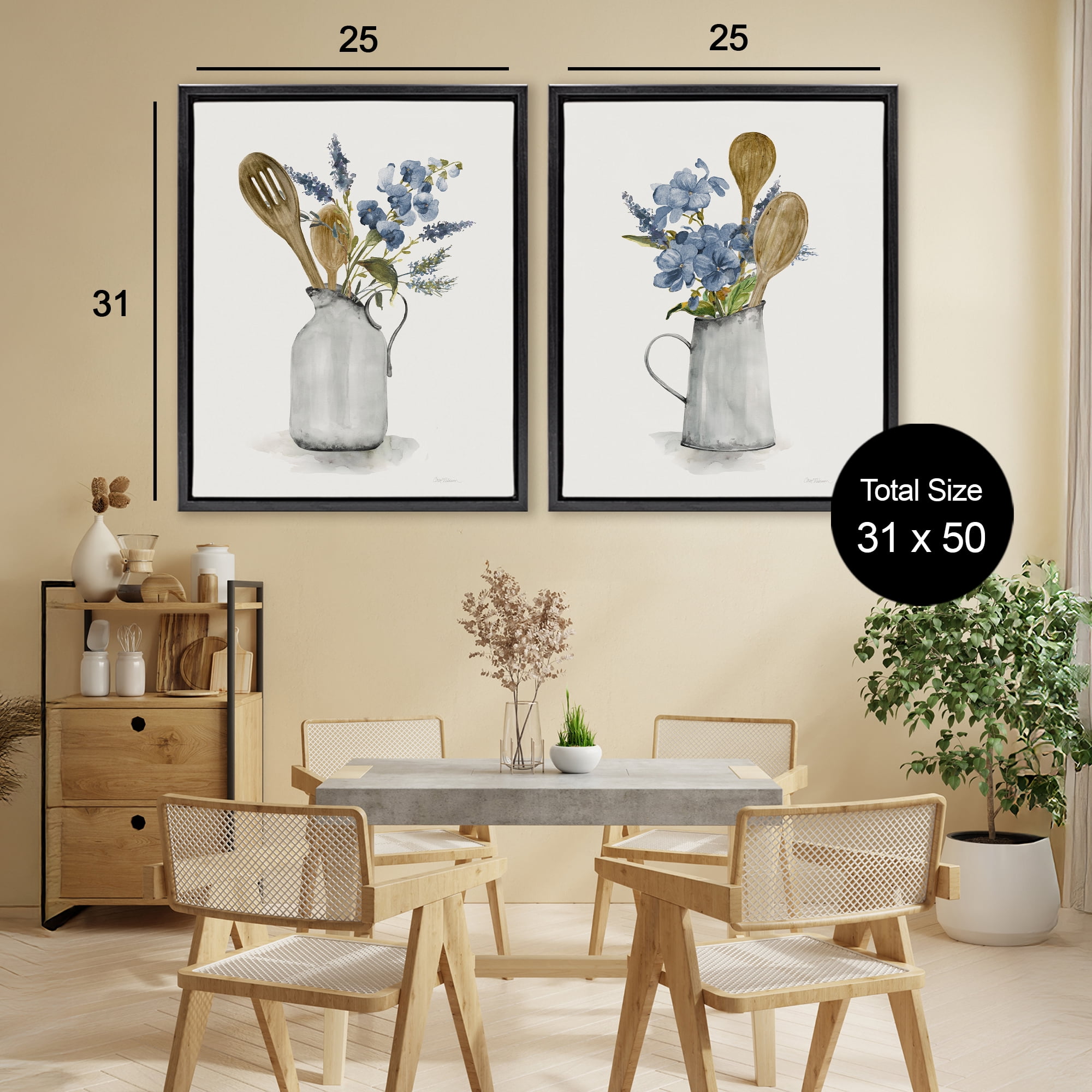 Stupell Industries Kitchen Pitcher Bouquets 2 Piece Black Framed Floater Canvas Set, design by Carol Robinson