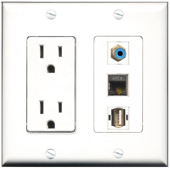 RiteAV - 15 Amp Power Outlet 1 Port RCA Blue 1 Port USB A-A 1 Port Shielded Cat6 Ethernet Ethernet Decorative Wall Plate