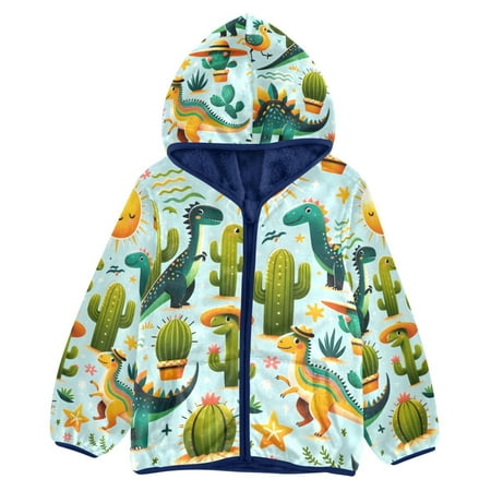 ALAZA Toddler Polar Fleece Jacket Dinosaur and Cactus Kids Hooded Warm Coats Outerwear 5T