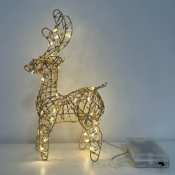 Adornos navideños, regalos navideños, árbol de Navidad de reno de hierro iluminado con 30 luces, pieza decorativa ideal para escaparates de centros comerciales, arreglos de ambiente navideño, requiere