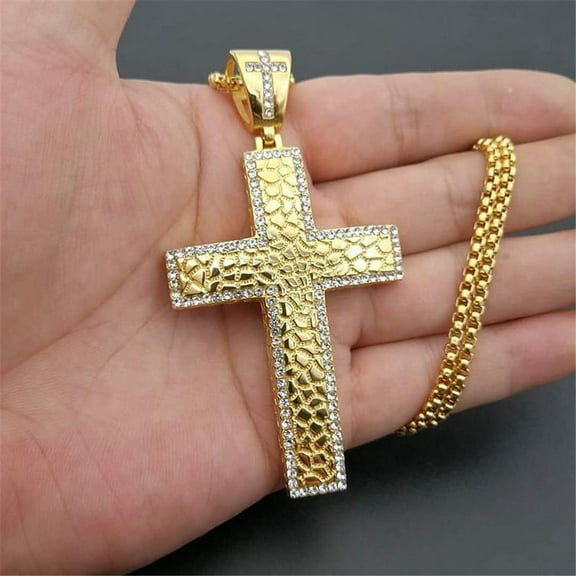 Iced Out CZ Large Big Cross Pendant With Chain 14K Yellow Gold Men Necklace Hip Hop Bling Bling Jewelry