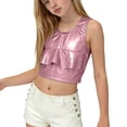 thumbnail image 4 of Girls Metallic Crop Top Hot Pink Ruffle Sleeveless Shiny Sparkly Top for Tween Party Outfit Summer Bright Trendy Kids Fashion 6-12,Size 9-10T, 4 of 5