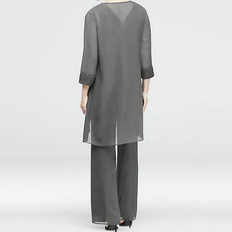 Pant Suits for Women Cardigan Pants Sets Women 3 Piece Wedding Evening Outfits for Women Dressy Chiffon Pant Suits Elegant Outfit Womens Pant Suits Dressy Color Grey Size XL Walmart