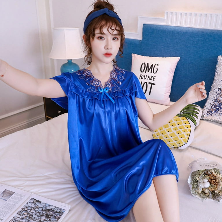 GENEMA Women Ice Silk Midi Nightdress Short Sleeve V Neck