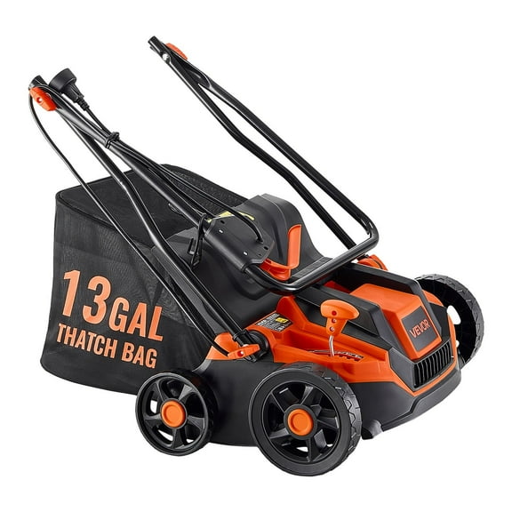 13-Inch 13 Amp Electric Dethatcher and Aerator with 13-Gallon Collection Bag, 5-Position Depth Adjustment, Corded Walk-Behind Lawn Care Machine - For Garden Yard Grass