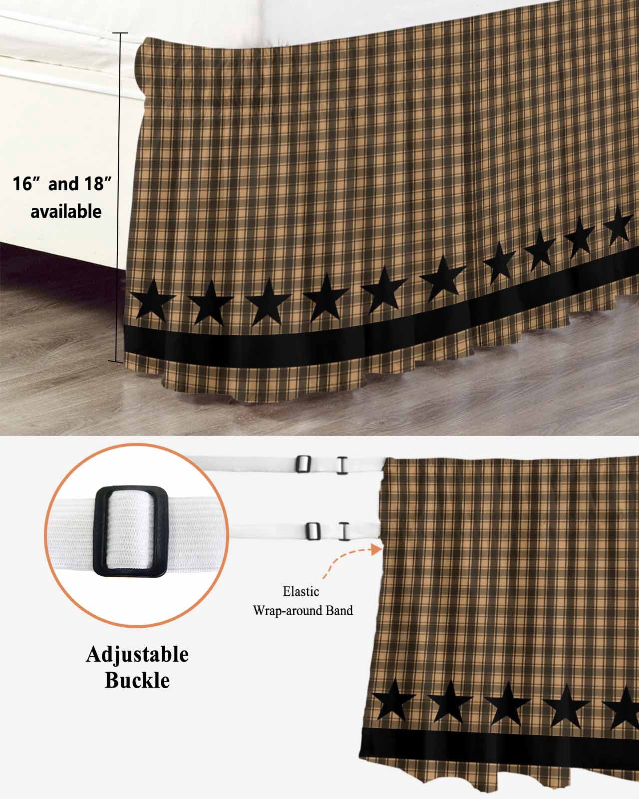 Brown Black Plaid Bed Skirt Queen Size, Vintage Rustic Star Buffalo Check Wrap Around Bed Skirting with Adjustable Elastic Strap, Dust Ruffle Pleated Bedskirts 16 Inch Drop for Bedroom Queen Beds