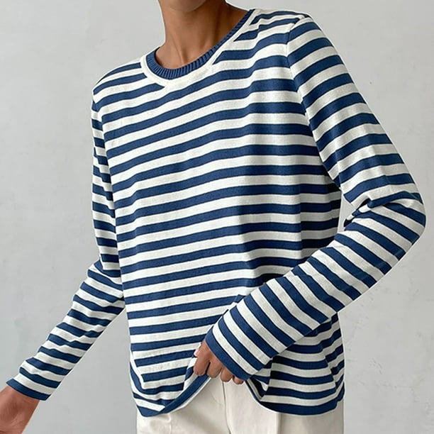Suéter de cuello redondo para mujer, suéter de punto a rayas, clásico, vintage, a rayas, suéter para mujer
