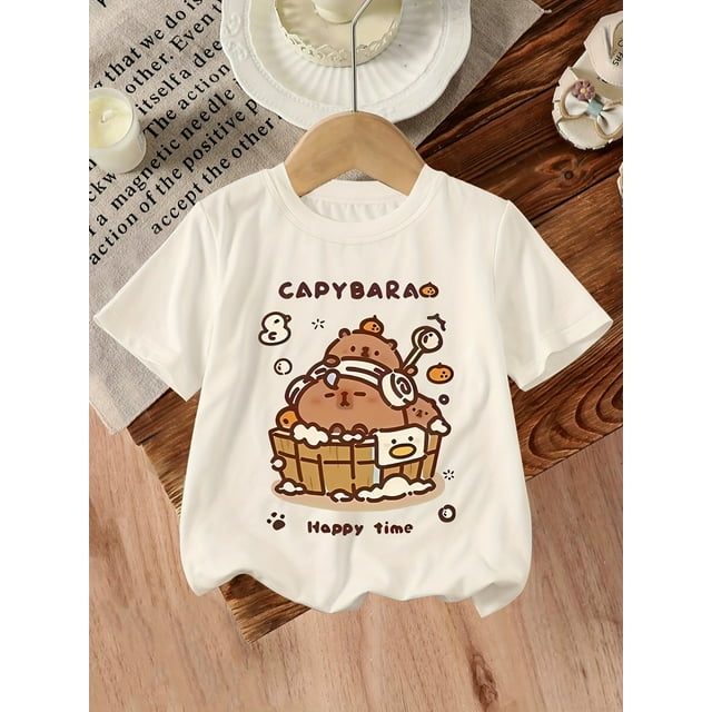 T-Shirt Capybara Mignon et Élégant pour Filles, Haut d'Été à Col Rond Extensible Doux, Tee-Shirt Lavable en Machine pour Tenue Décontractée, T-Shirts pour Filles, Tee-Shirt Sportif Décontracté, Cadeaux d'Été