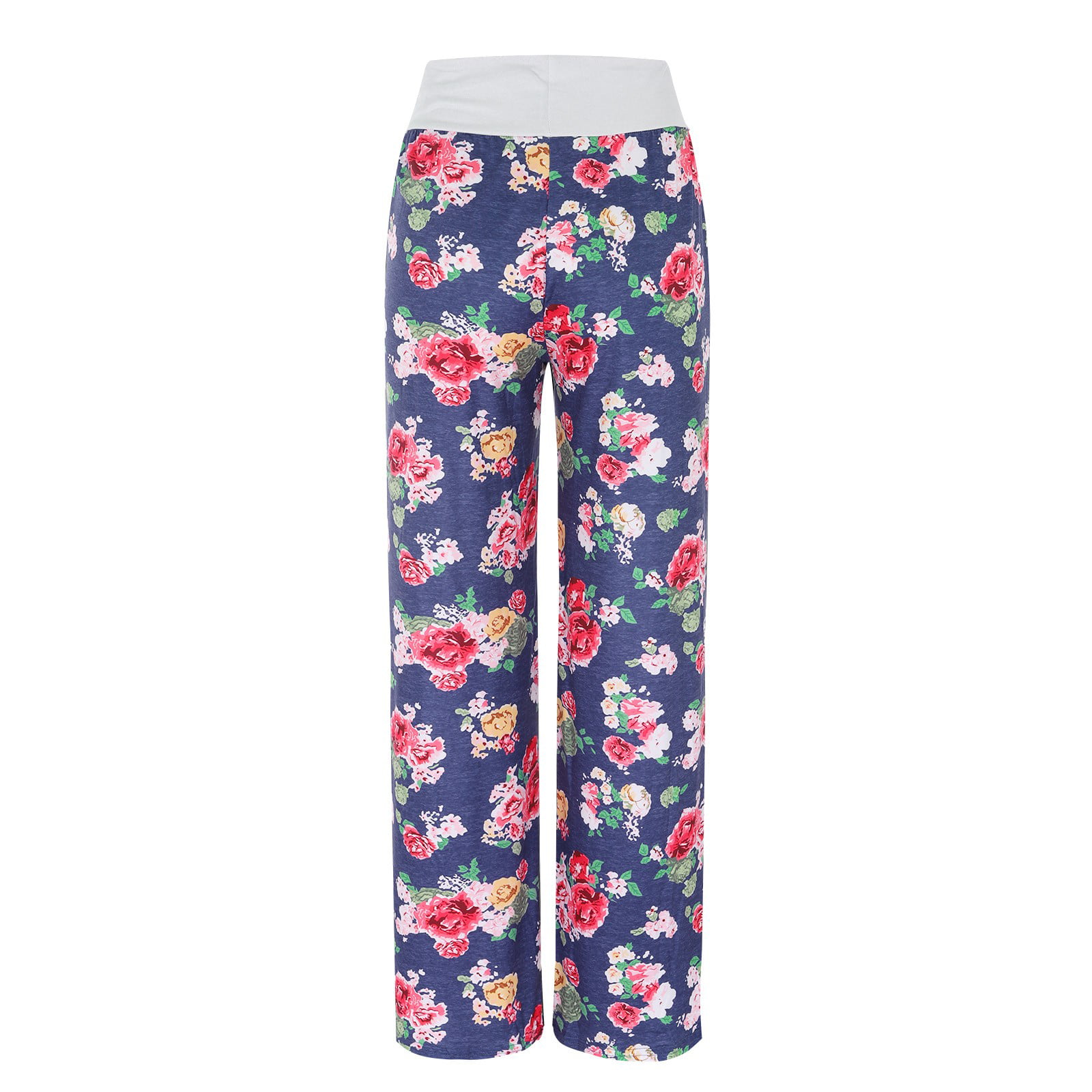 WUAI-Women Comfy Casual Pajama Pants High Waist Stretch Floral Print Drawstring Palazzo Lounge Pants Wide Leg 