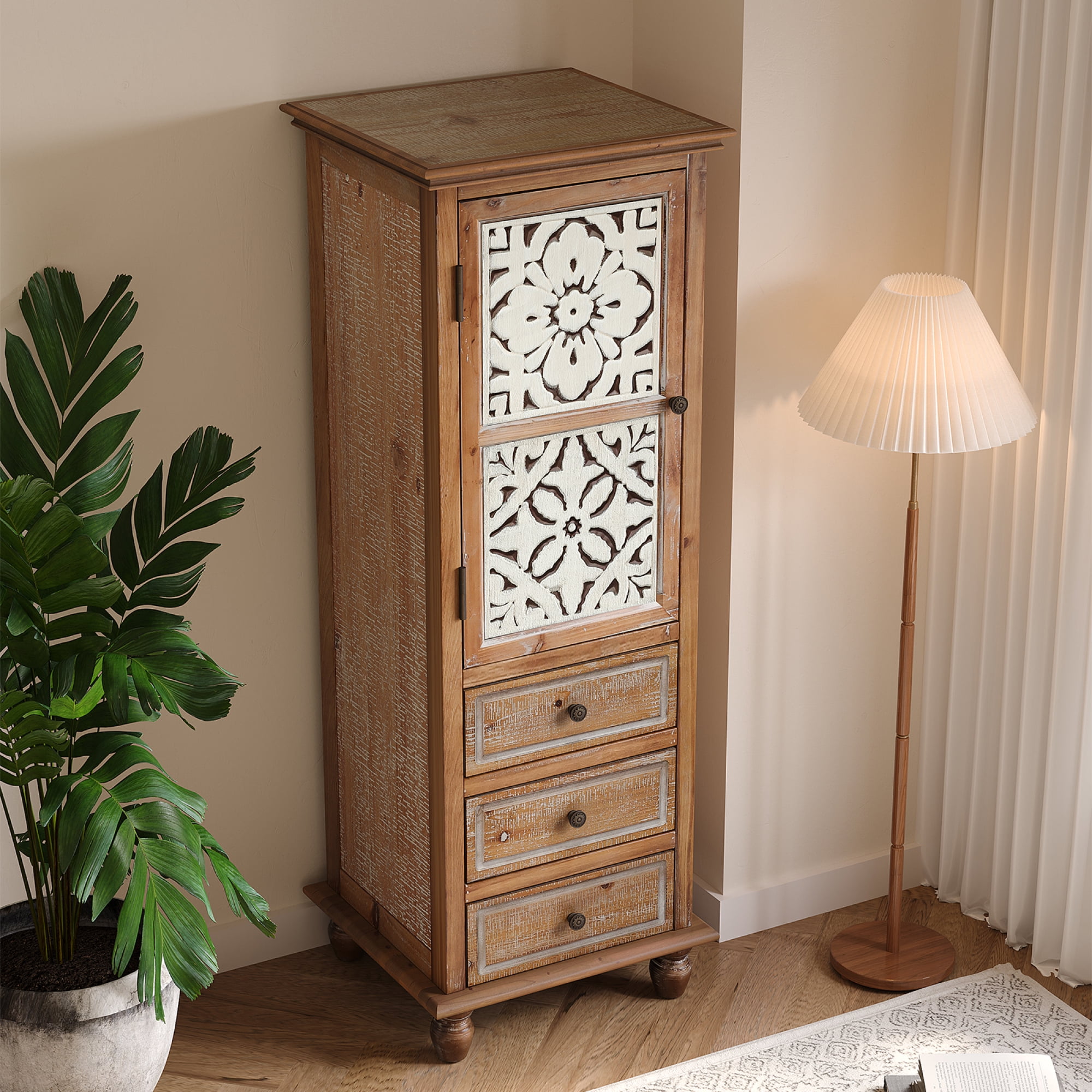 Leumius Rustic Wooden Storage Cabinet with Decorative Cutout Door & 3 Drawers, Tall Narrow Organizer for Living Room, Bedroom