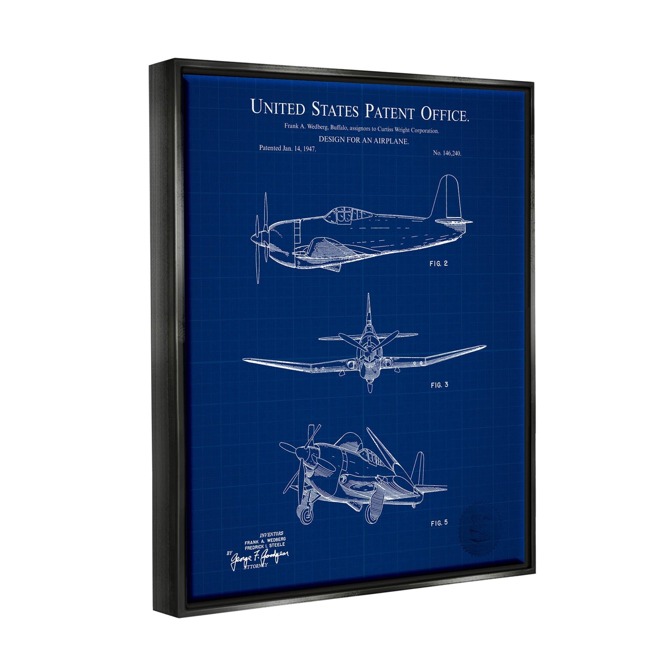 Stupell Industries Blueprint Patent Airplane Diagram Graphic Art Jet Black Floating Framed Canvas Print Wall Art, Design by Karl Hronek
