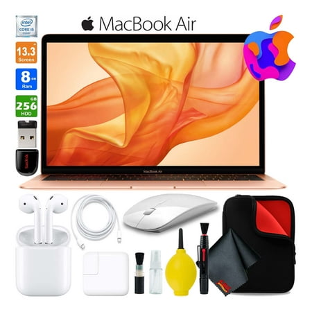 Apple MacBook Air 13 Inch with Retina Display 256GB SSD (Late 2018, Gold) MREF2LL/A Laptop Computer Bundle Includes Wireless Mouse, USB Flash Drive, Fitted Case, AirPods (1st Gen), and Cleaning