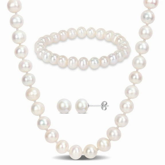 AMOUR 7.5-8mm Freshwater Cultured Pearl 3-piece Set Of Necklace Earrings & Bracelet In Sterling Silver