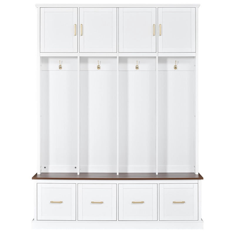 Farmhouse Hall Tree Entryway Storage Bench with Top Storage Cabinets, Mudroom Organizer Shoe Bench with 4 Drawers, Entryway Coat Rack with Hooks for Living Room Hallway
