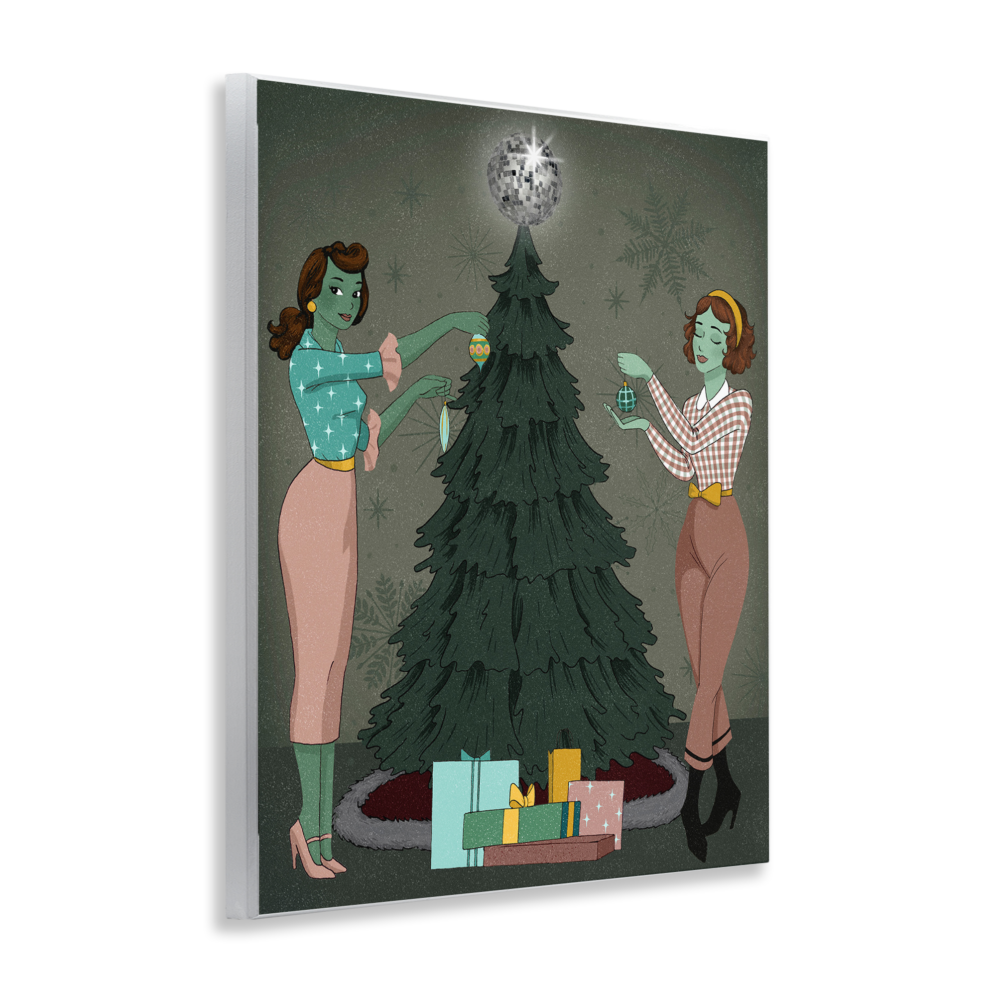 Stupell Industries Girls & Christmas Tree Holiday Painting Unframed Art Print Wall Art, 11 x 14