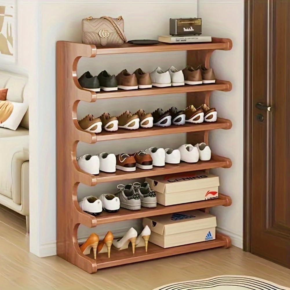 6 Tiers Shoe Racks, Bamboo Vertical Shoe Rack Organizer for Closet Floor, Wooden Stackable Shoe Storage Shelves, for Entryway, Hallway, Multifunctional Front Door Shoe Rack, 70cm/27.5''