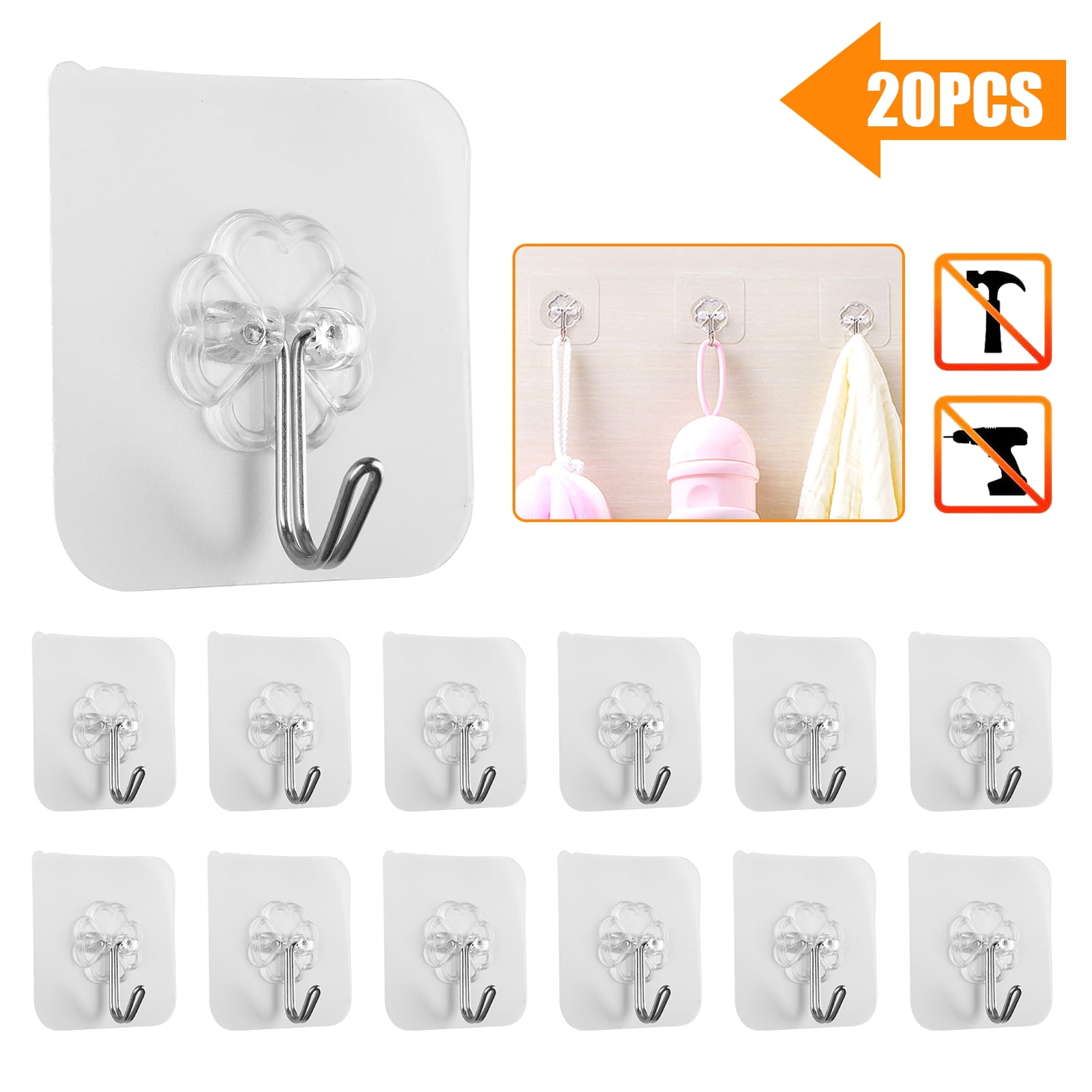 12x Plastic Self Adhesive Hooks White Hanging Kitchen Bathroom Office Hook 