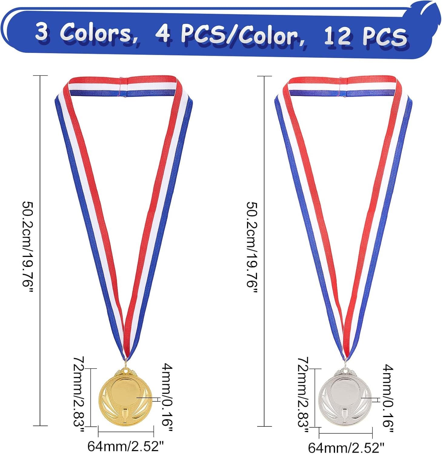 12Pcs 3 Colors Zinc Alloy Blank Award Medals with Polyester Cord Flat Round with Trophy Pattern Mixed Color 19.76 inch(50.2cm) 4pcs/color