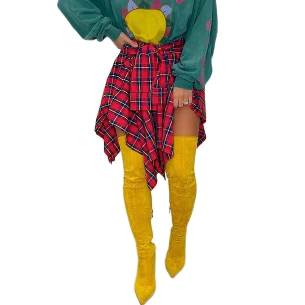 Gibobby faldas para mujer elegante a cuadros para mujer, falda con empalme, dobladillo irregular, falda con cintura elástica dividida(Rojo, S)