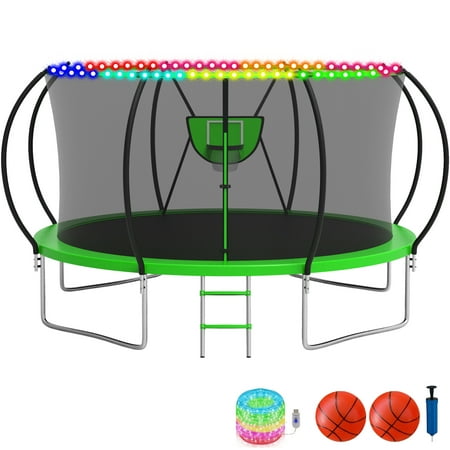 KOFUN Trampoline with Basketball Hoop & Light, 1500lbs 10FT 12FT 14FT 16FT Trampoline for Adults and Kids, No Gap Design Backyard Trampoline with Enclosure Net, Ladder, Green
