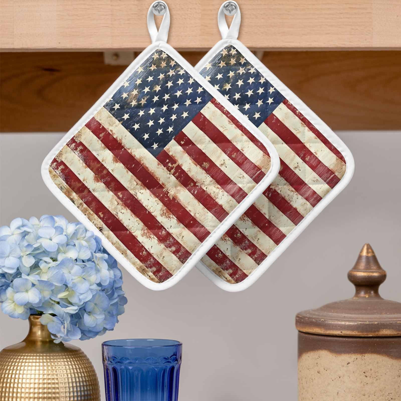 American Flag Pot Holders for Kitchen Heatproof Potholder, 4 Pack Vintage Blue Red USA Flag Retro Hot Pads Multipurpose Oven Pads Cloth Potholders Trivet for Cooking and Baking