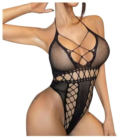 

Feternal Women Fishing Net Babydoll Lingerie Jumpsuit Sleepwear Backless Bodysuit Black Lingerie