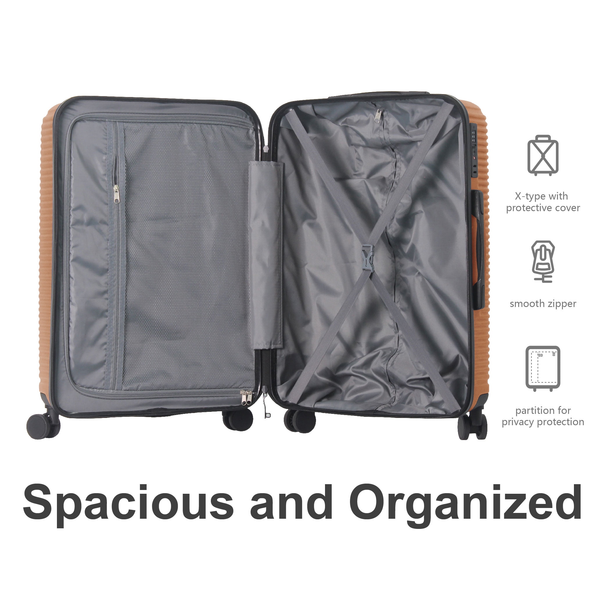 MAYEERTY 3-Piece ABS Luggage Set, Spinner Wheels, TSA Lock, Lightweight Suitcase, Brown