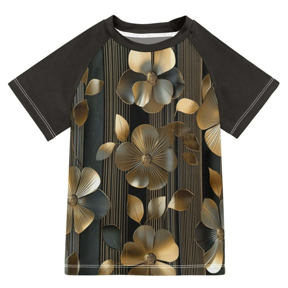 FORMRS Boys Rash Guard Short Sleeves Swim Shirt Quick Dry UPF 50  Sun Protection, Sizes 3-12T, Floral Lines