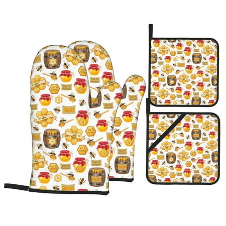 

Oven Mitts and Pot Holders 4 pcs Set Bees And Honey Heat Resistant Pot Holders Oven Mitts for kitchen Non-Slip Hanging Loop Oven Glove Potholders for Baking Cooking