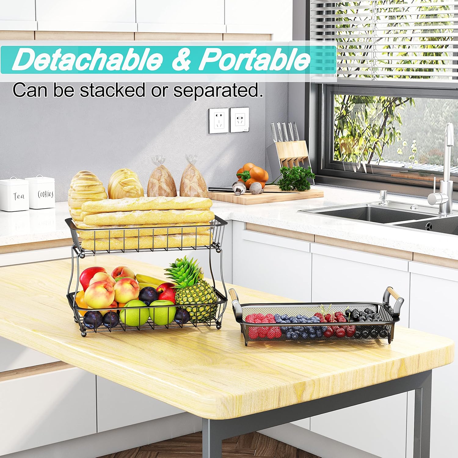Fruit Basket 3 Tier with 2 Banana Hangers, Countertop Fruit Vegetable Basket Bowl for Kitchen Counter Metal Mesh Basket Fruits Stand Produce Holder Organizer for Onion Potato Bread Snack Veggie