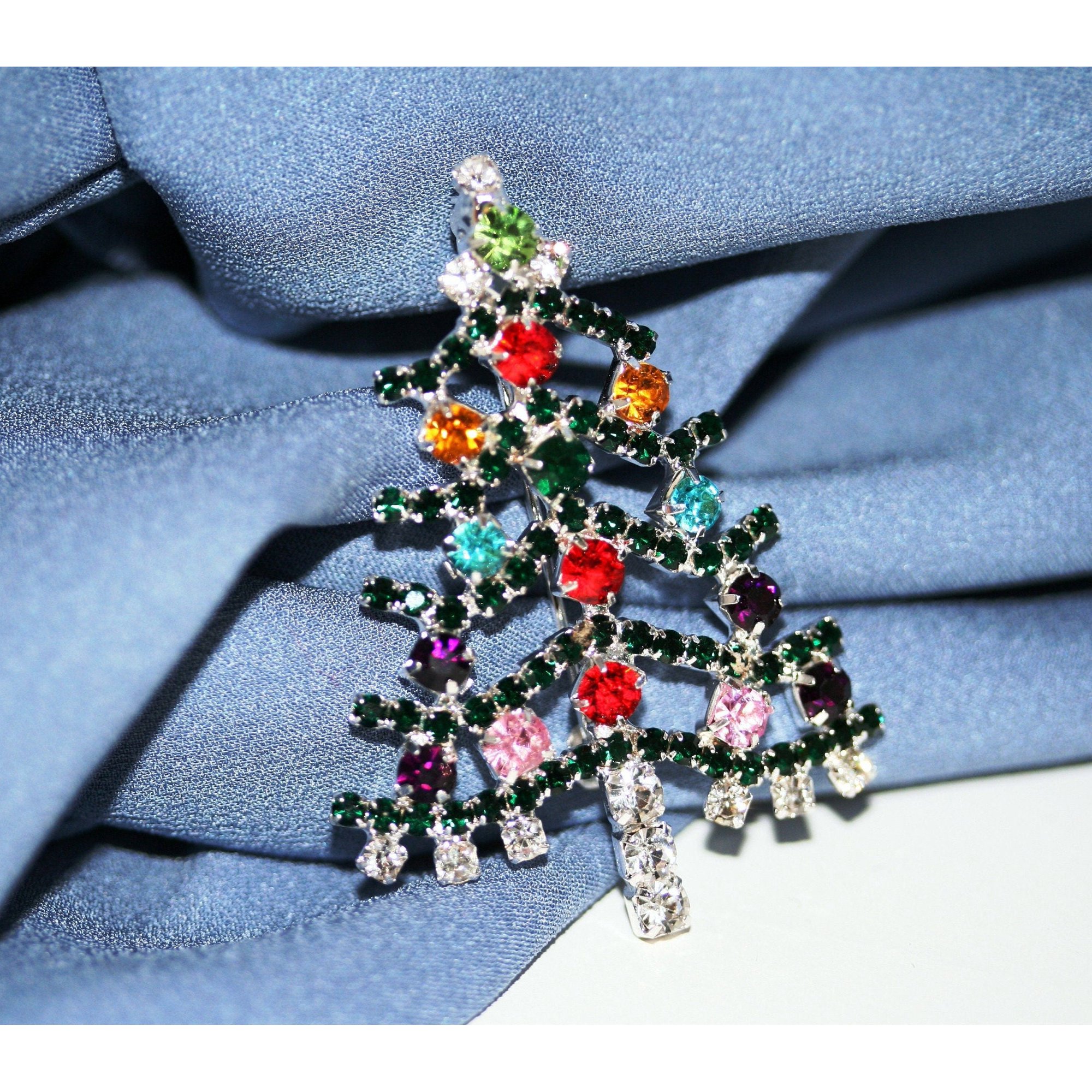 Multicolor Jewel Tone Rhinestone Christmas Tree Brooch, Pin, Holiday Jewelry Gift