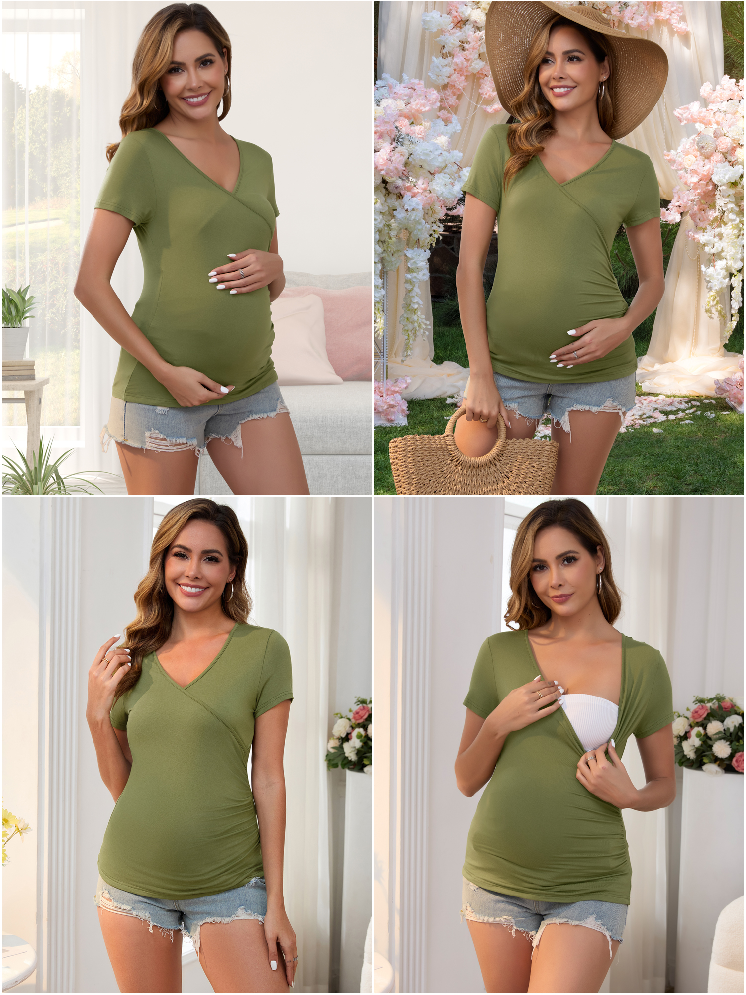 DARING DIVA Women's 2 Packs Ruched V Neck Maternity Nursing Blouse XXL Army Green&Striped