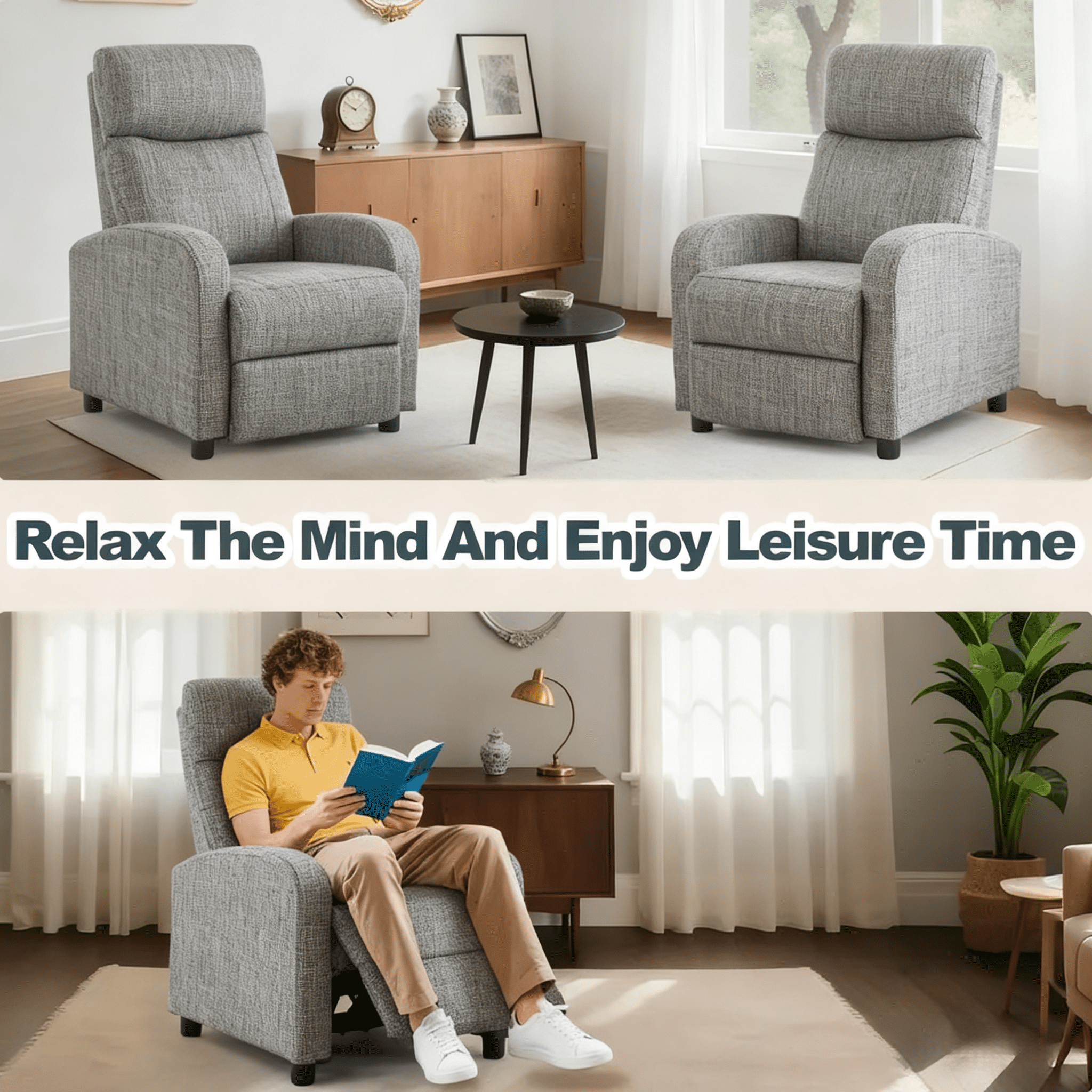 EDX Linen Recliner Chair, Small Recliner Sofa Chair with Padded Seat & Side Pocket, Modern Seating Furniture with Footrest & Backrest for Home, Theater, Living Room, Grey