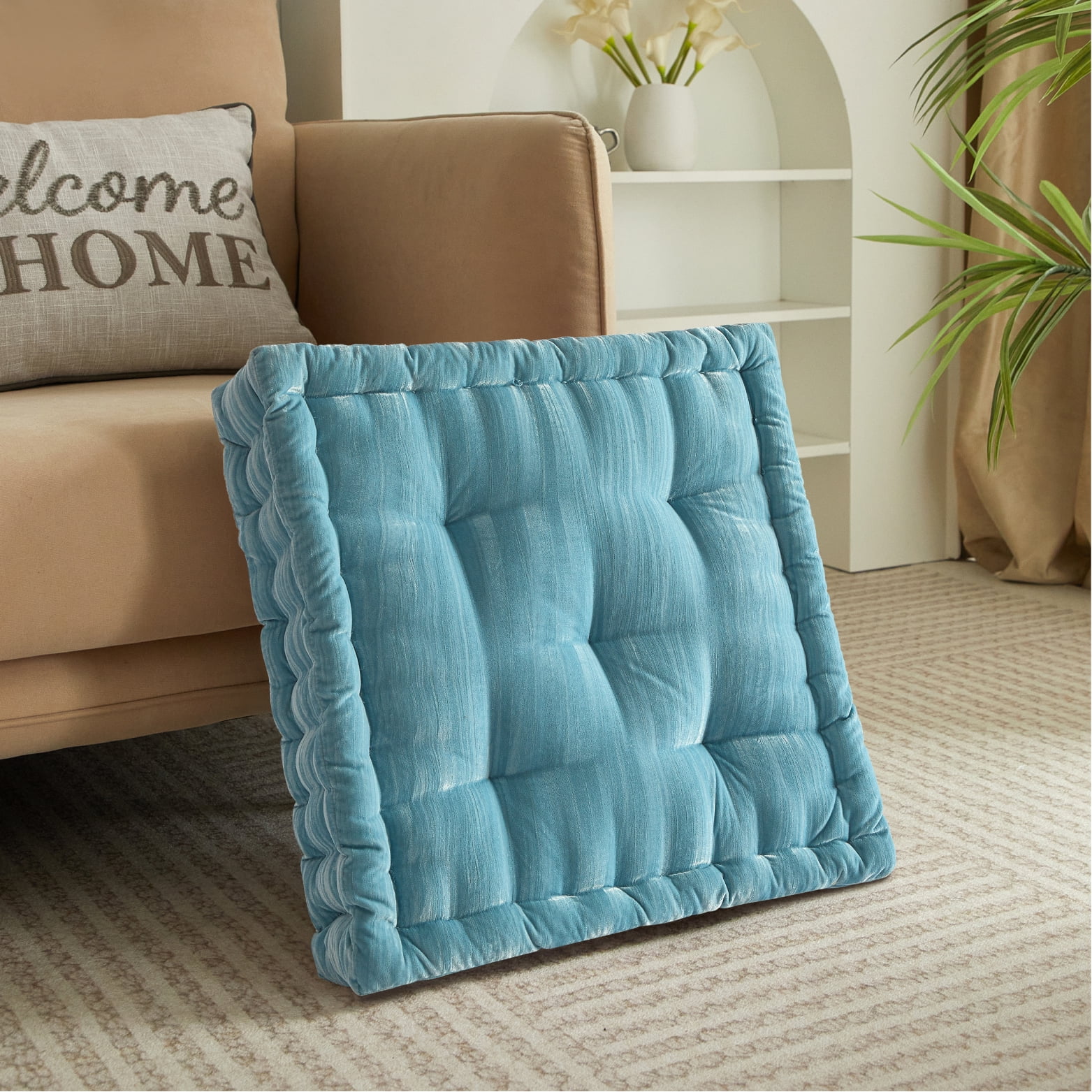 Style House Light Blue Velvet Floor Pillow, 20" x 20"