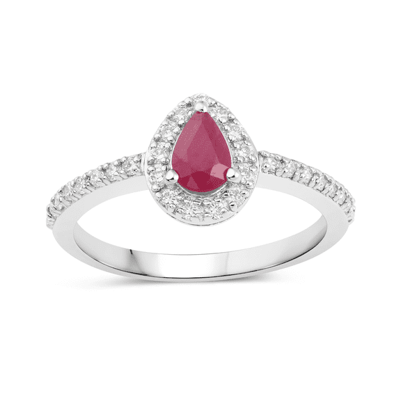 Fine Color Jewels Ruby Sterling Silver Ring Halo Pear Design with Lab Diamonds