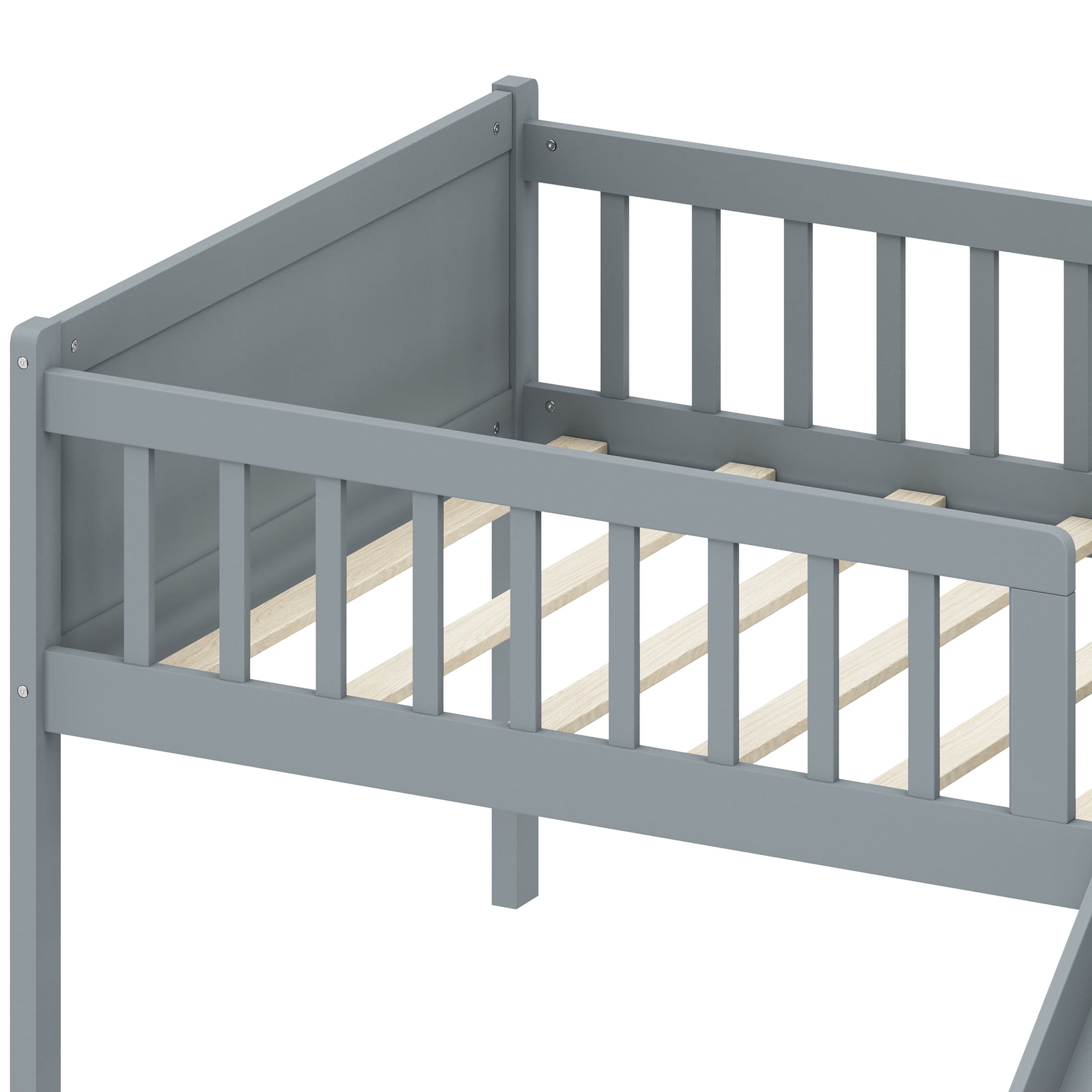 Noble House Twin Bed Frame with Storage Shelf, Platform Bed with Slide and Guardrail, Gray