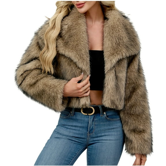 Hueook Winter Coats for Women Ladies Warm Faux Furry Coat Jacket Winter Solid Turn-Down Collar Outerwear Khaki 3X