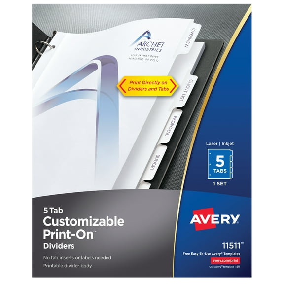 Avery 5-Tab Print-On Dividers, White Tabs, 1 Set (11511)