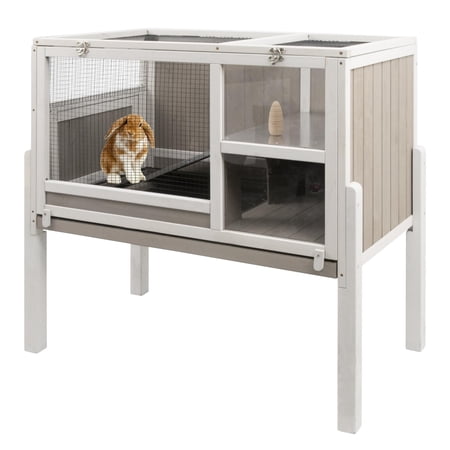 Wooden Guinea Pig Cage with Wire Netting 36.6 Inch Height Outdoor Rabbit Hutch Detachable Legs Hamster House for Small Animals Pull Out Tray Included Grey