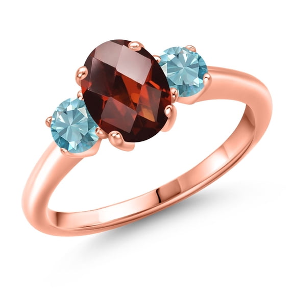 Gem Stone King 2.53 Ct Oval Checkerboard Red Garnet Blue Zircon 18K Rose Gold Plated Silver Ring (Size 6)