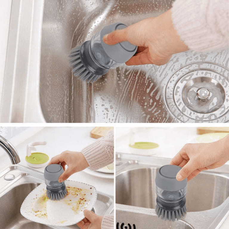 Dish Brush with Soap Dispenser for Dishes Kitchen Sink Pot Pan Scrubbing,  Grey 1 Pcs +2 Refills