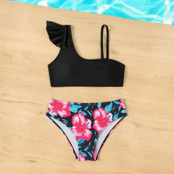 Zylarhe Girls Swimsuit, Girls Swimwear Kids Beach Ready Two Piece Bikini Sets for Girls Sports Bathing Suits Casual Summer Poolwear 13-14 Years Black