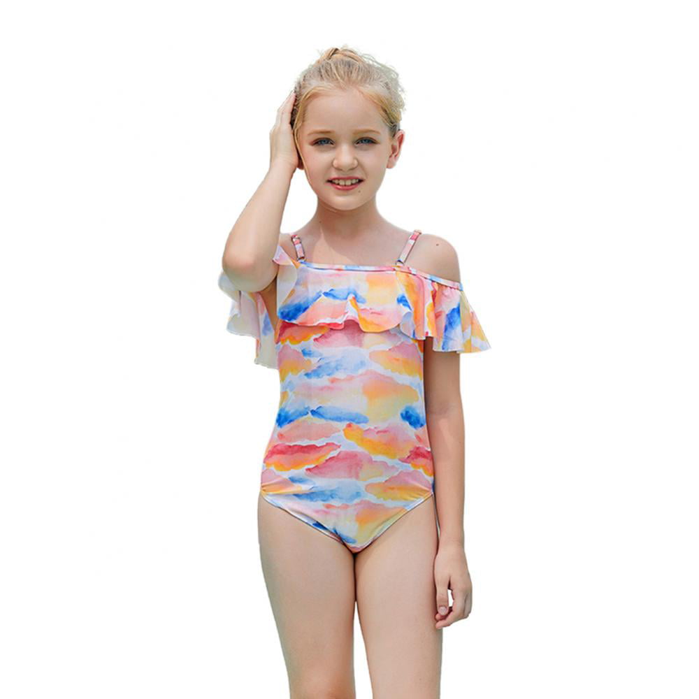 Kids Girls Tankini Swimsuit Ruffled One-Shoulder Printed Swimwear Bathing Suit