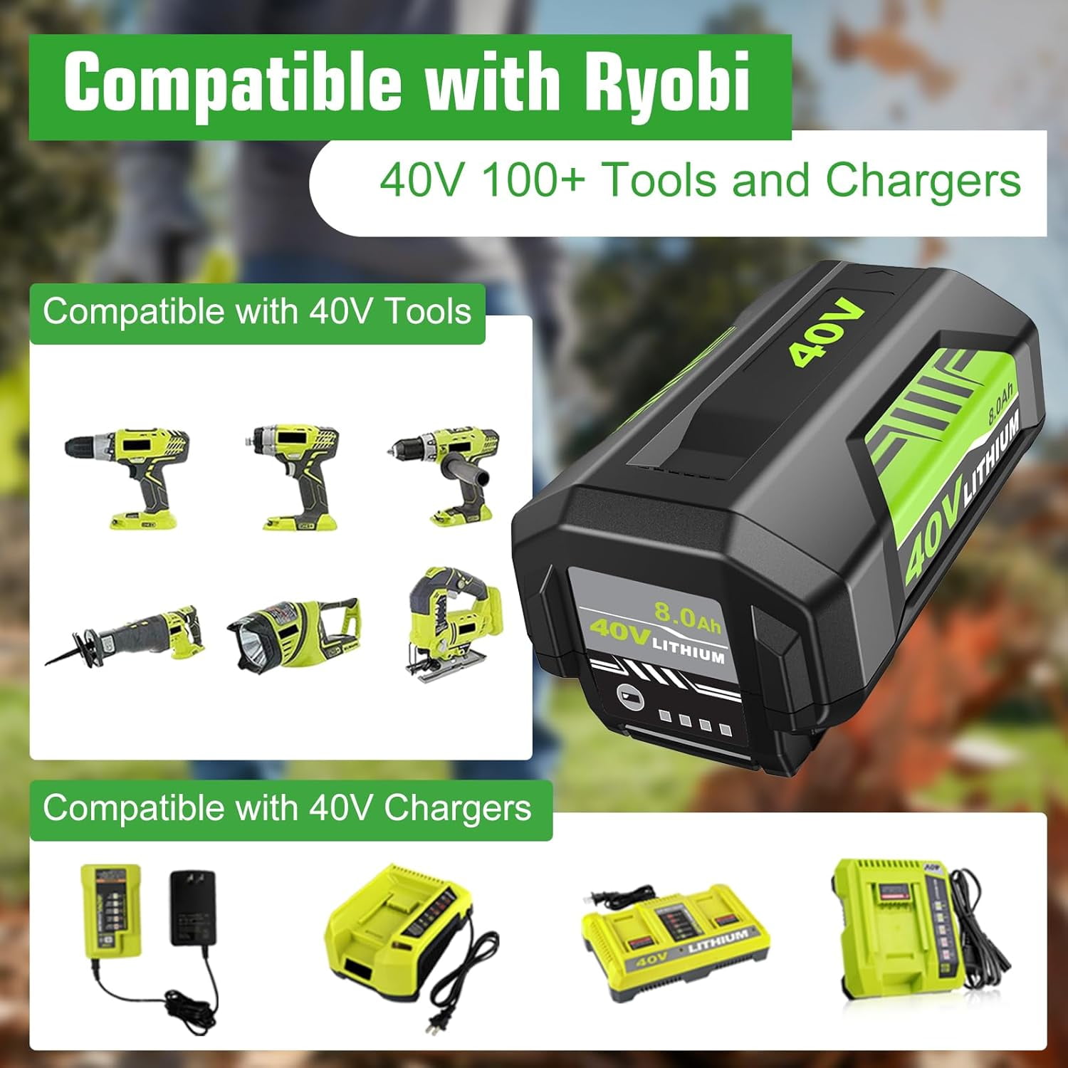 2Pack 8.0Ah Replacement for Ryobi 40V Battery Lithium Ion and OP401 Charger Compatible with Ryobi 40 Volt Battery OP4026 OP4050A OP4040 OP4030 OP4050 Replacement for 40v OP401 Charger (Green-3P)