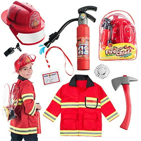 Born Toys 8 PC Premium WASHABLE Fireman Costume and Firefighter accessories With Real Water Shooting Extinguisher and Knapsack