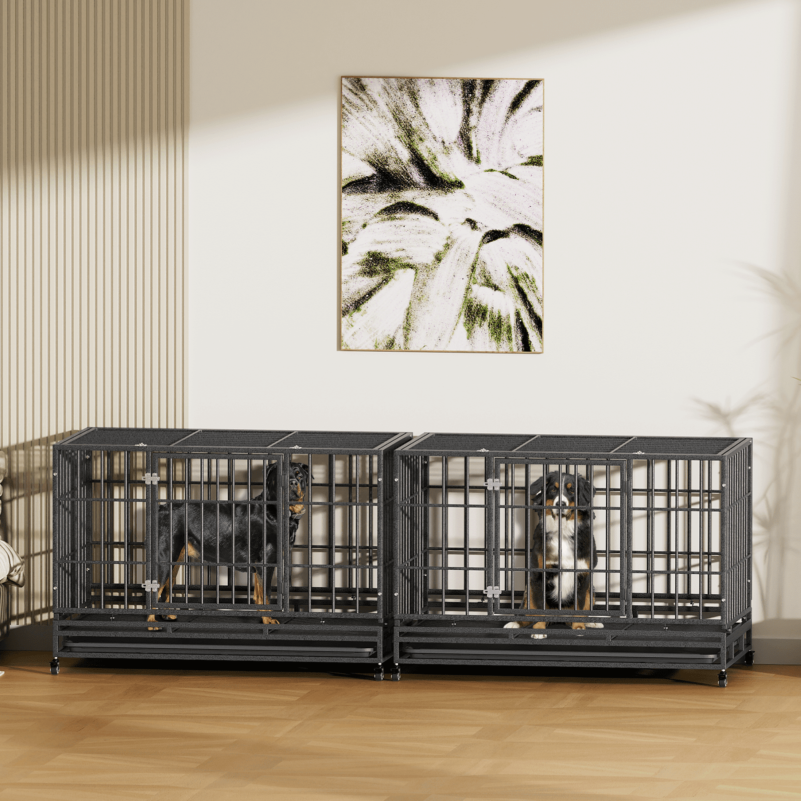 Magshion 48.5" Large Alloy Steel Heavy Duty Indestructible Dog Crate, Escape-Proof Dog Crate Cage Kennel for Large Dogs, Double Door Dog Crate with Removable Crate Trays and Wheels, Dark Silver