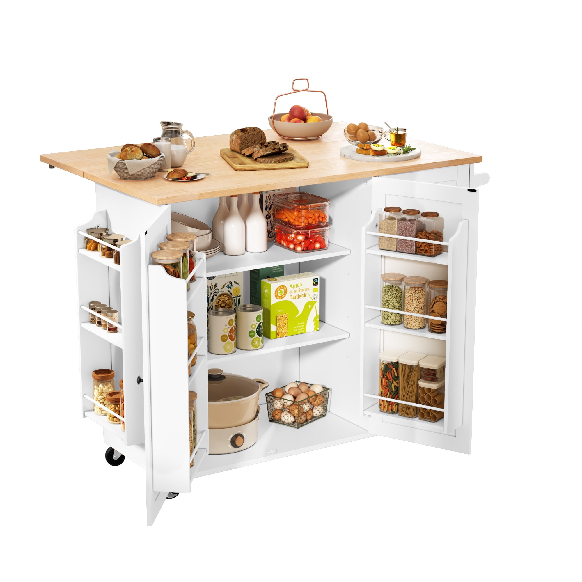 CBJCBJ 50.4" Kitchen Island with Storage, Wood Top Cart with Drop Leaf and Wheels, White