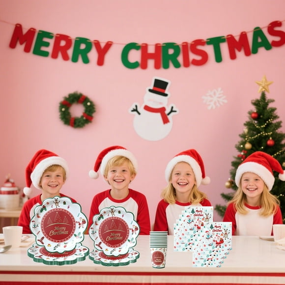 Christmas Themed Tableware Set Disposable Plates Cups Paper Towels Party Decoration