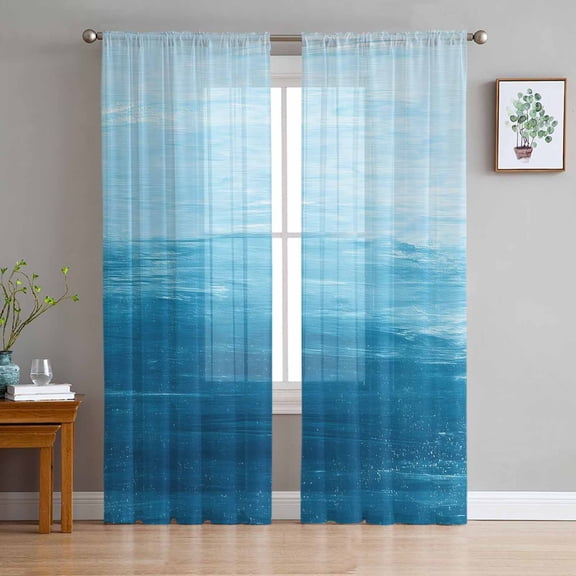 Sky Blue Ombre Sheer Curtains 63 Inches Length 2 Panels Set, Window Sheer Curtains for Living Room/Bedroom, Modern Abstract Art Ocean Oil Painting Light Filtering Rod Pocket Curtain 52'' x 63'' x 2