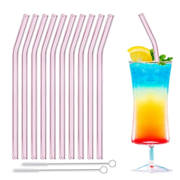 10Pcs Bent Clear Glass Drinking Straws,7.9x0.3In Glass Straws for Smoothies,2 Cleaning Brushes Included,Pink Eco-Friendly Straws for Water